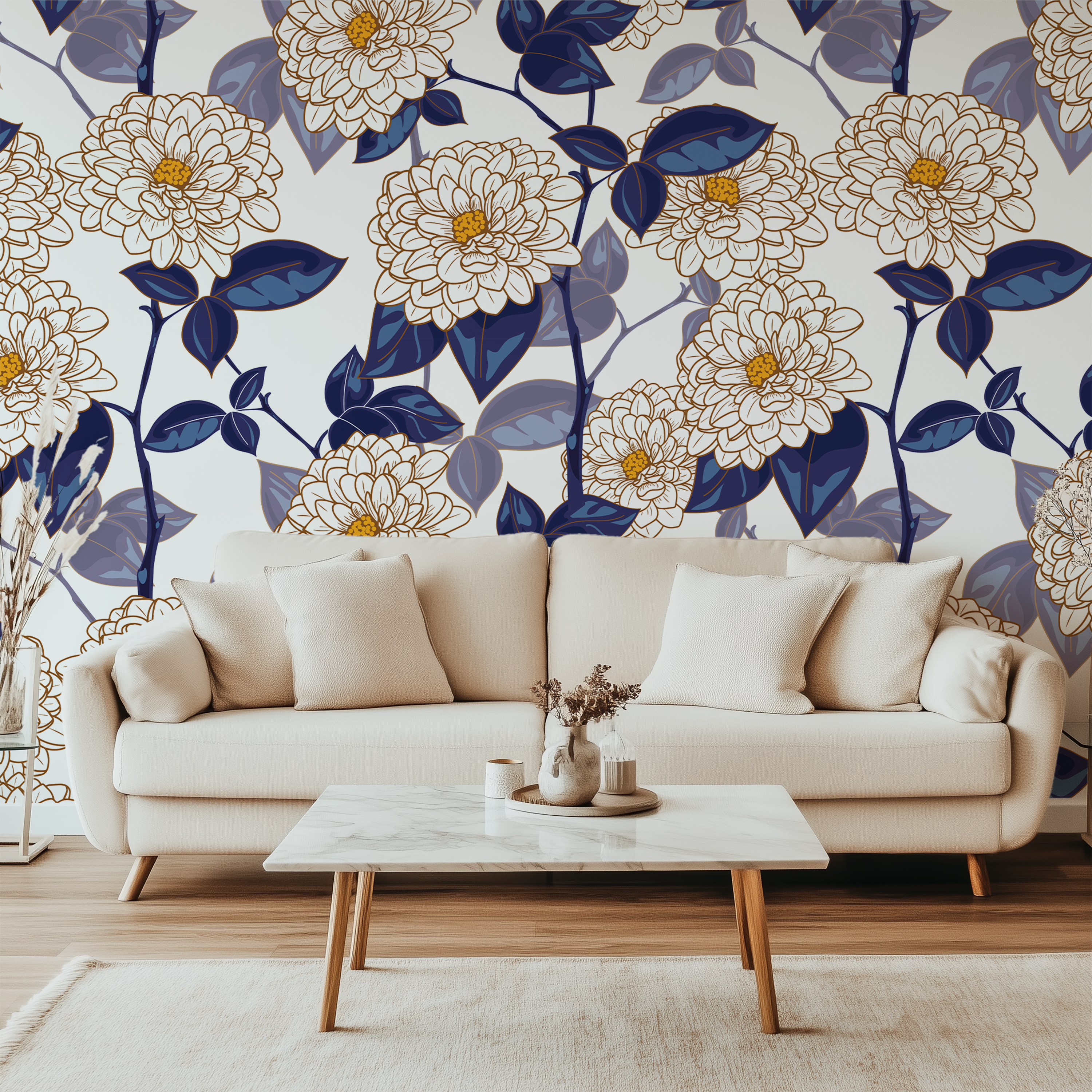 Ivory dahlia botanical wallpaper with large flowers and deep blue leaves