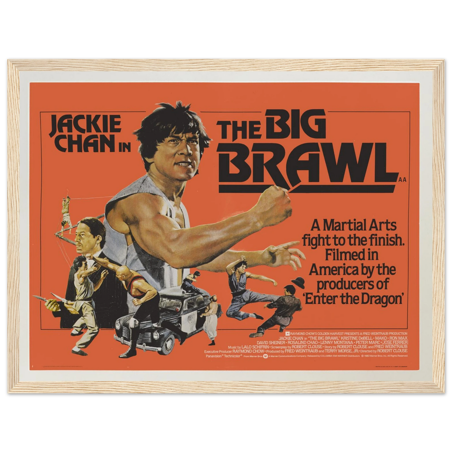 Reproduction of The Big Brawl movie poster starring Jackie Chan, showcasing retro cinematic design and dynamic fight-scene art.
