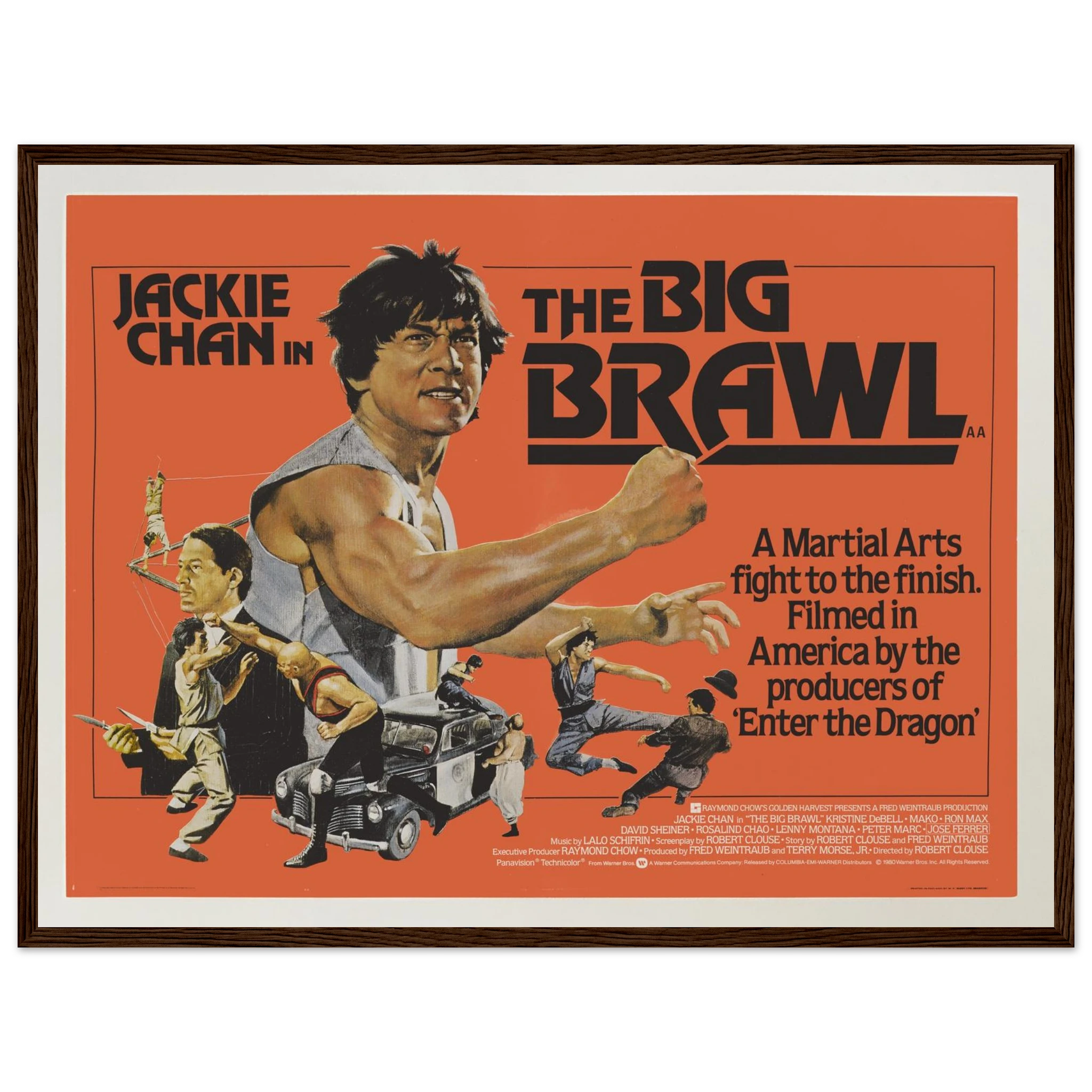 Vintage-style movie poster for Jackie Chan: The Big Brawl (1980), featuring bold 80s artwork and classic martial arts action imager