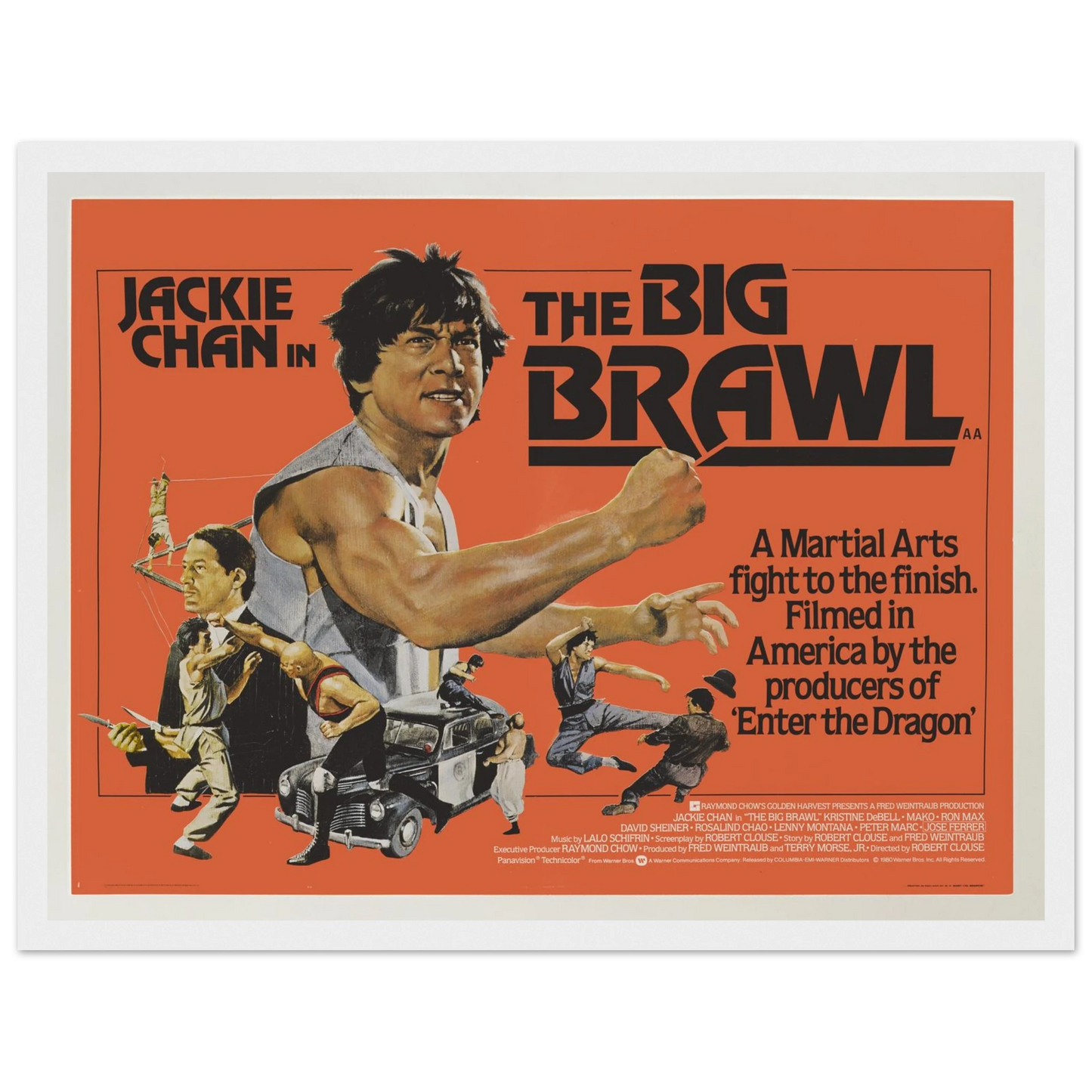 Vintage action movie poster of Jackie Chan’s The Big Brawl, highlighting colorful 80s aesthetics and classic kung fu film style.