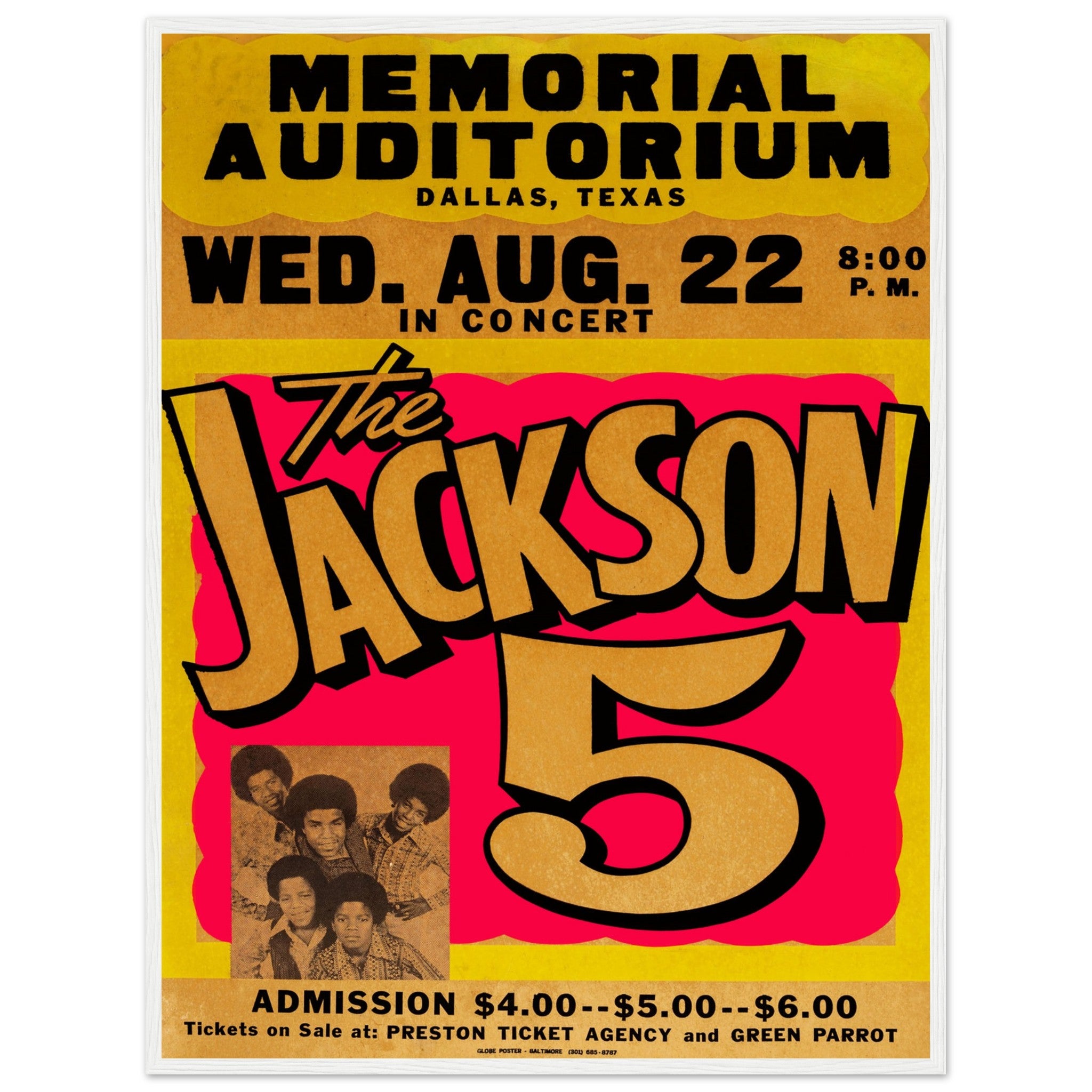 Motown-inspired Jackson 5 concert print featuring bold typography and vibrant yellow-red design — perfect for retro music wall decor.