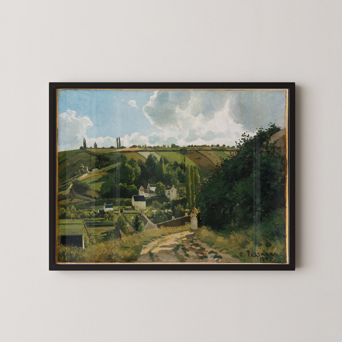 Jalais Hill, Pontoise by Camille Pissarro, village landscape art print in a black frame