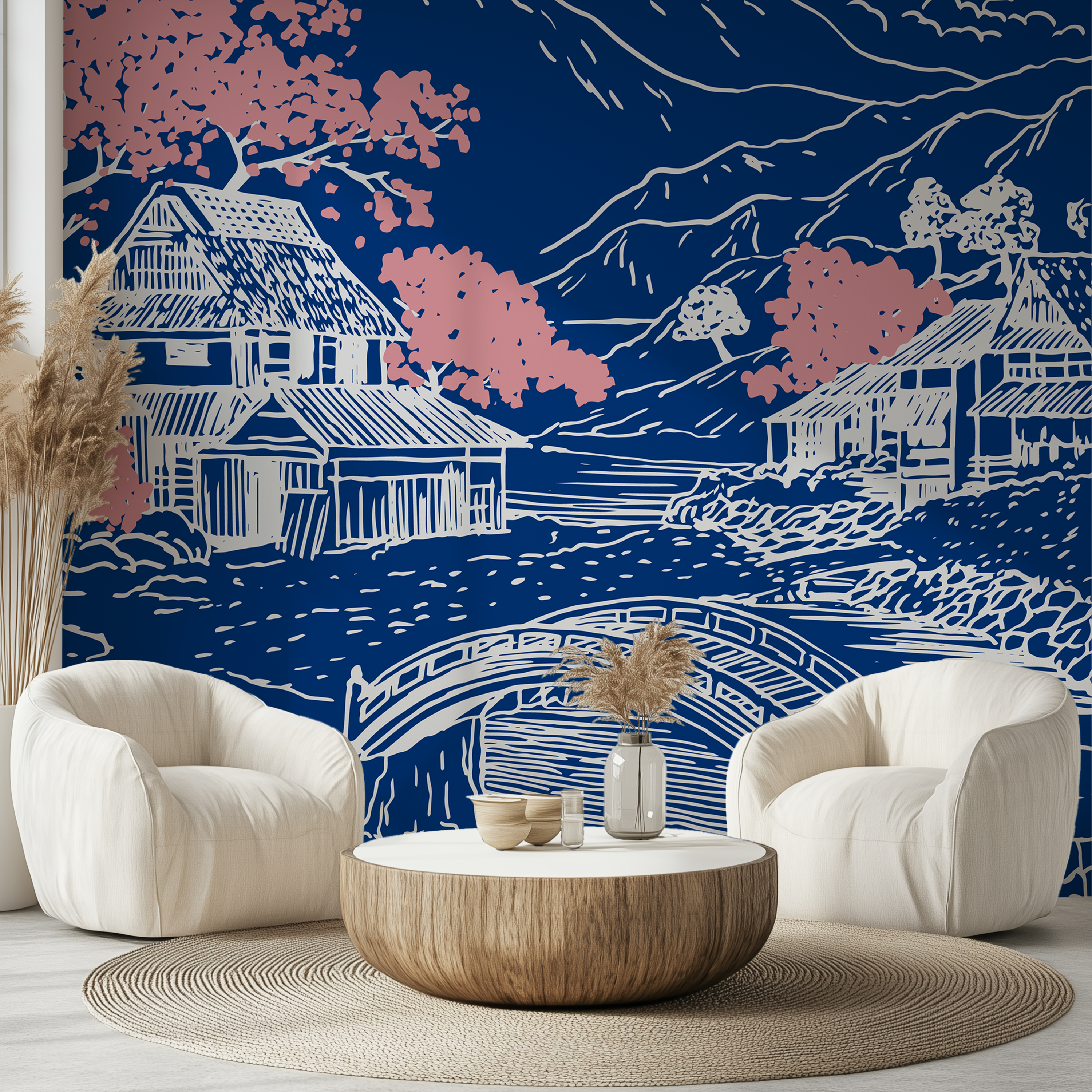 Japanese cherry blossom wallpaper with scenic mountain landscape and arched bridge