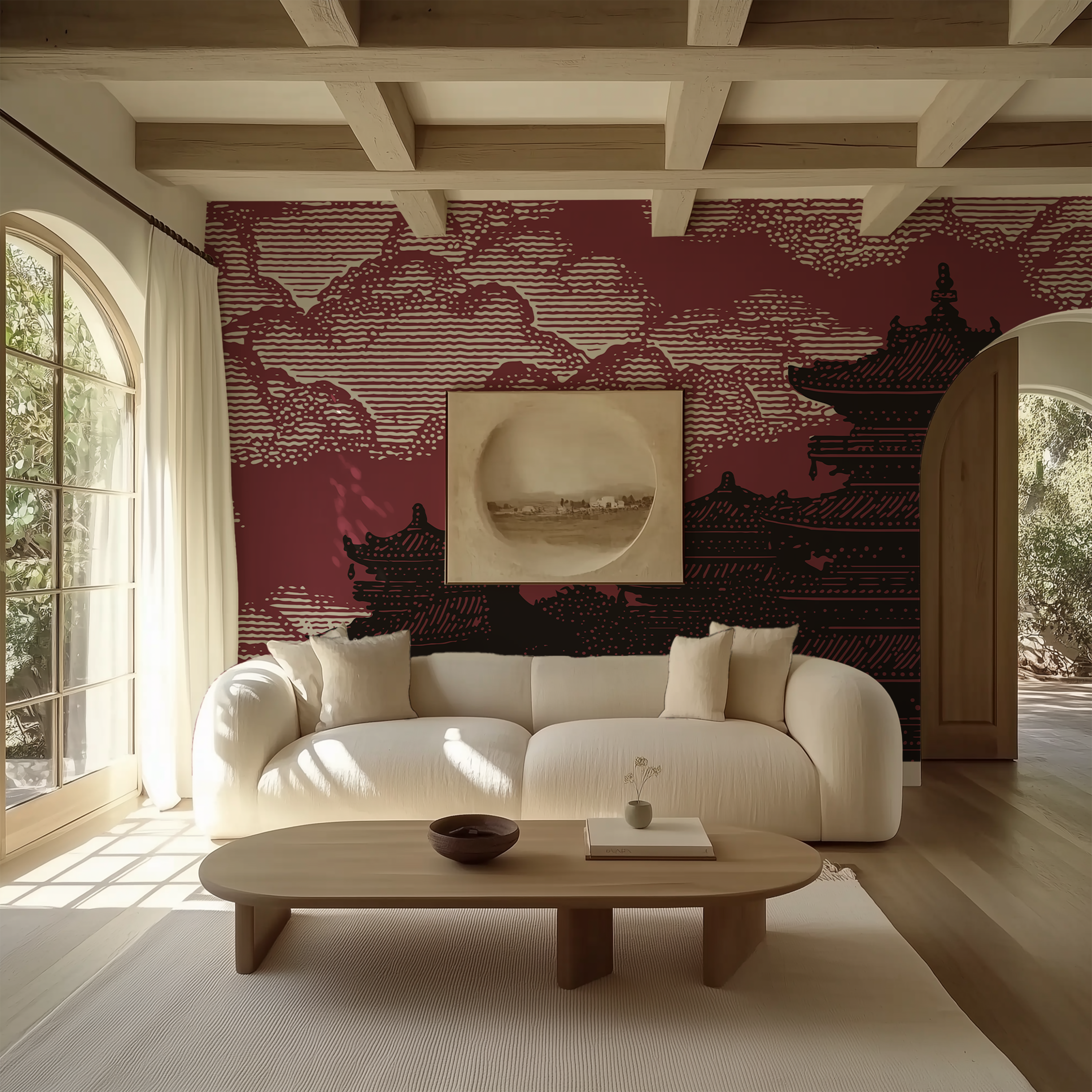 Japanese cloud and pagoda wallpaper with deep red background