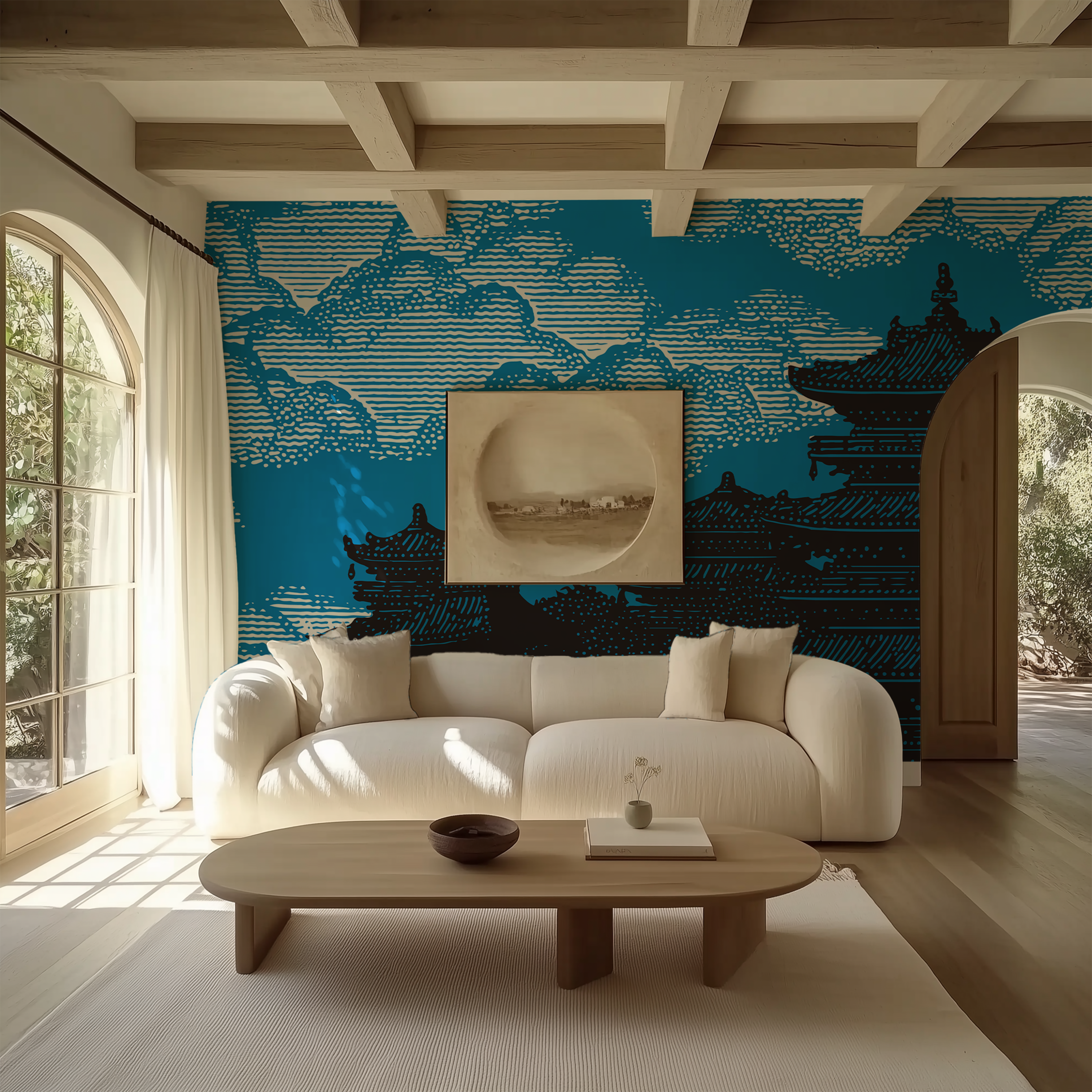 Japanese cloud and pagoda wallpaper with bold blue background