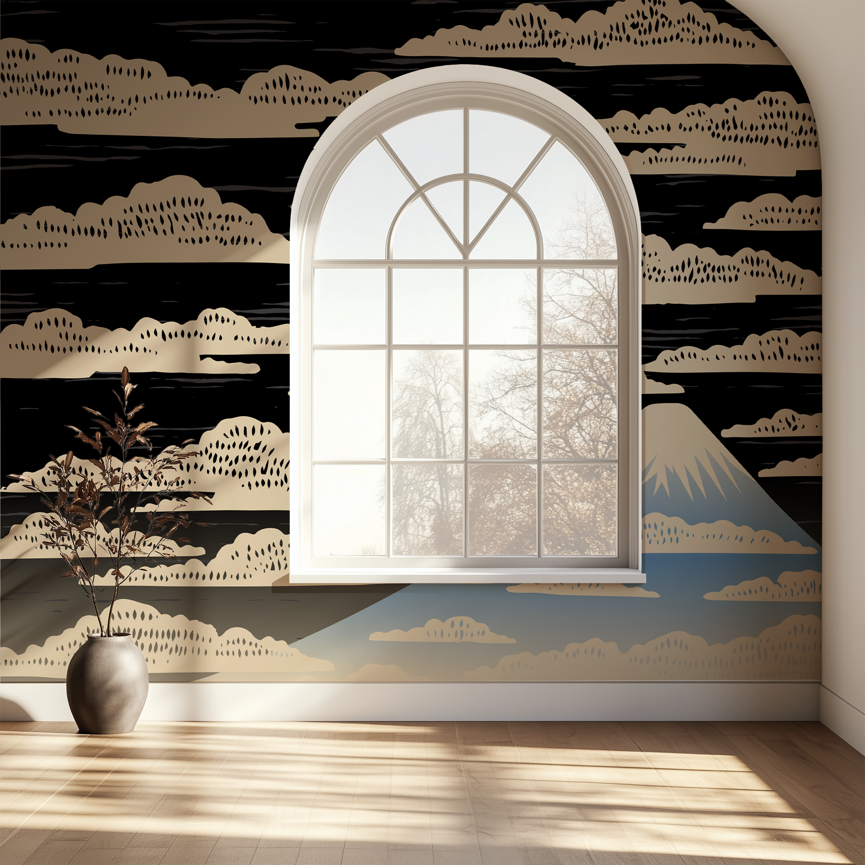 Japanese landscape wallpaper featuring Mount Fuji and illustrated mountain scenery