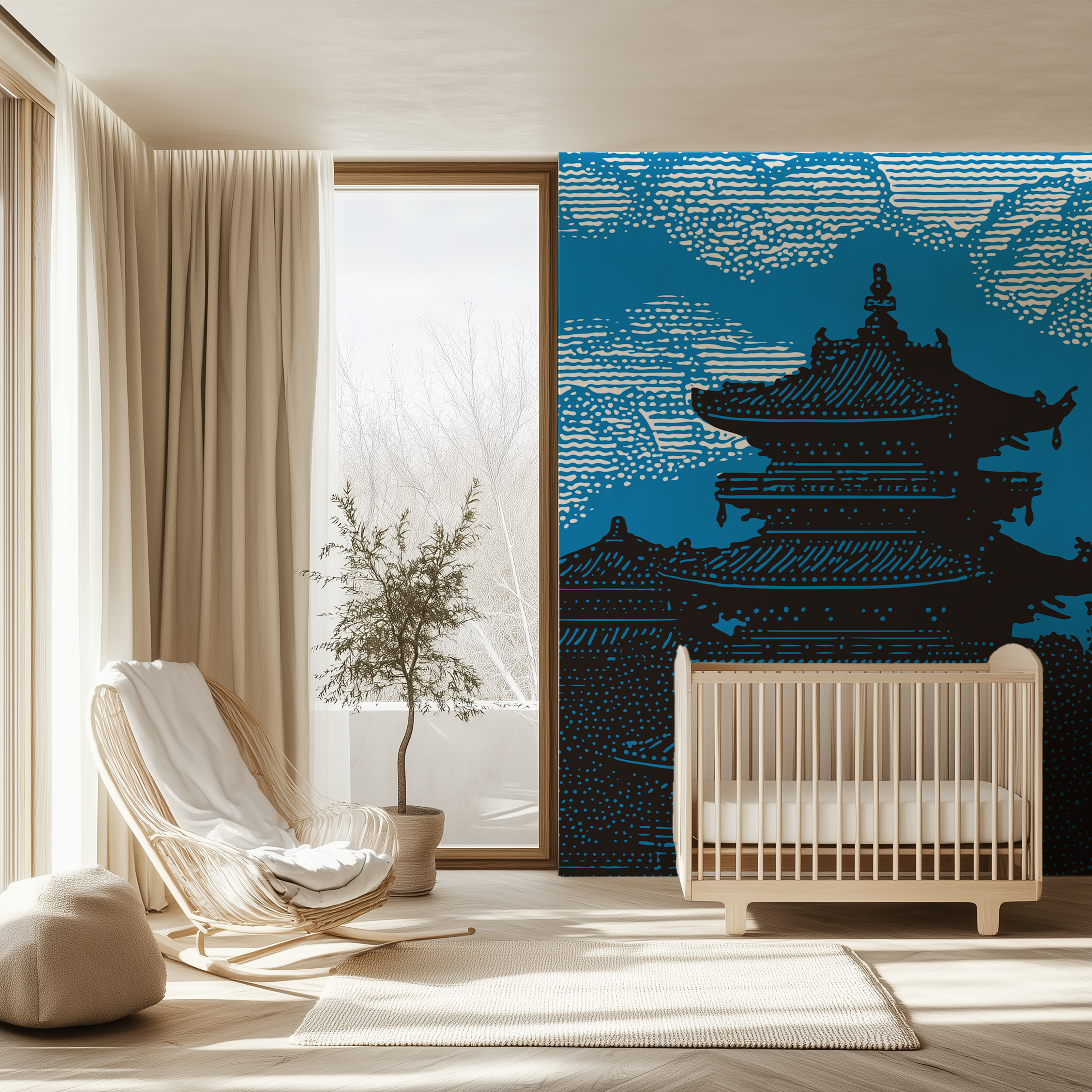 Japanese pagoda wallpaper in blue with illustrated cream clouds