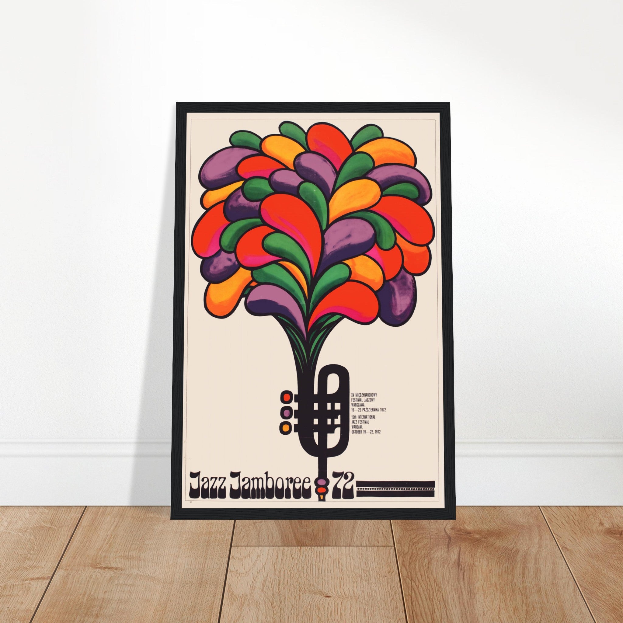 Vintage Jazz Jamboree 1972 festival poster from Warsaw featuring colorful abstract microphone design and bold 70s typography.