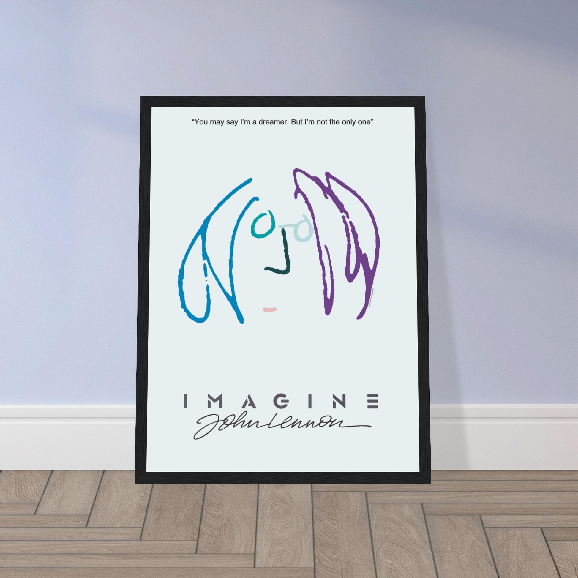 Minimalist John Lennon “Imagine” poster featuring line art portrait and famous quote — iconic music wall art print.