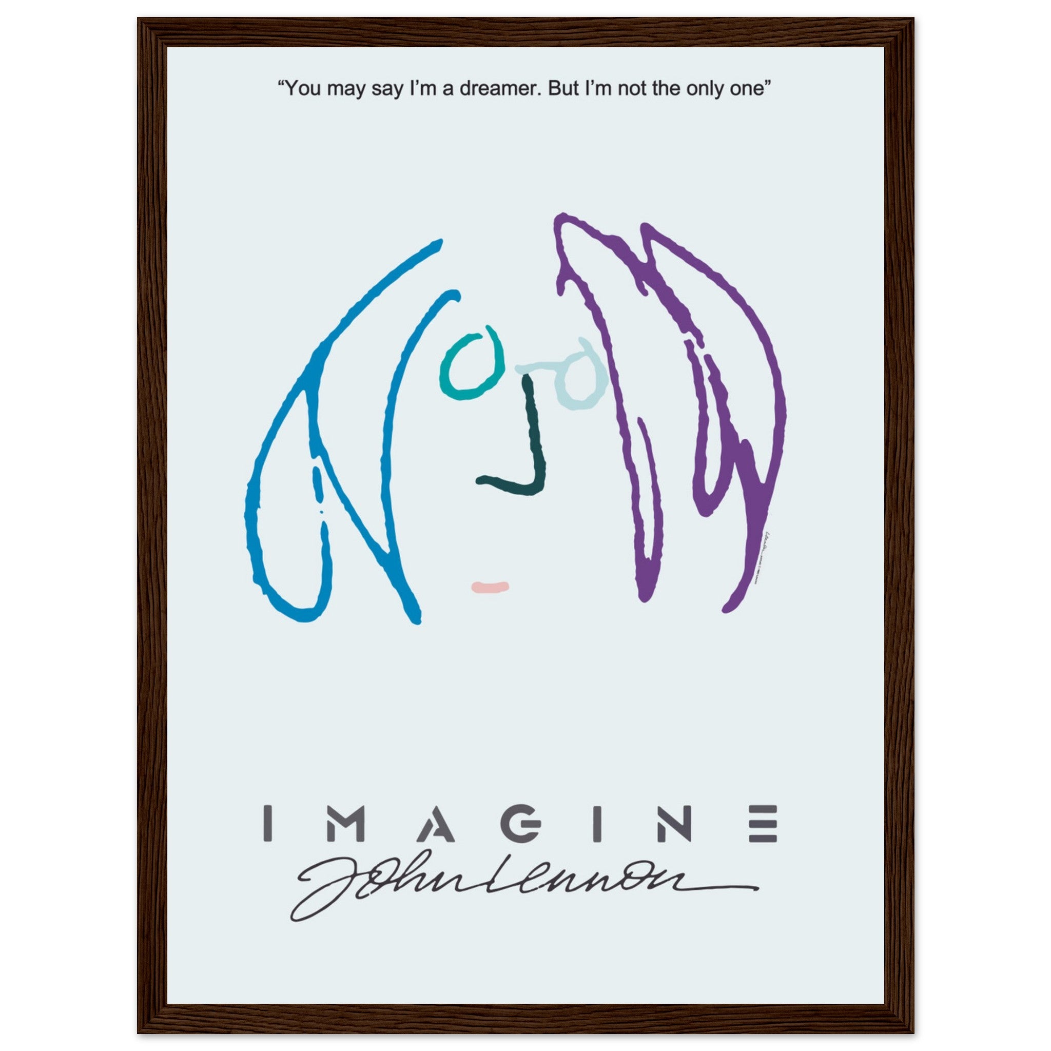 John Lennon line art print with signature and Imagine lyric — modern minimalist design inspired by peace and creativity.