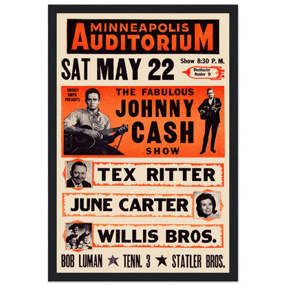 Step back into country music history with this vintage Johnny Cash concert poster from his 1966 KRNT Theater show in Des Moines, Iowa. Featuring The Man in Black alongside June Carter, Tex Ritter, and The Statler Brothers, this rare roadshow-style poster embodies the golden era of country and rockabilly. A perfect piece for Johnny Cash fans, vintage concert poster collectors, and lovers of classic country music memorabilia. Display it in your music room, bar, or personal collection. Order now and own a piec