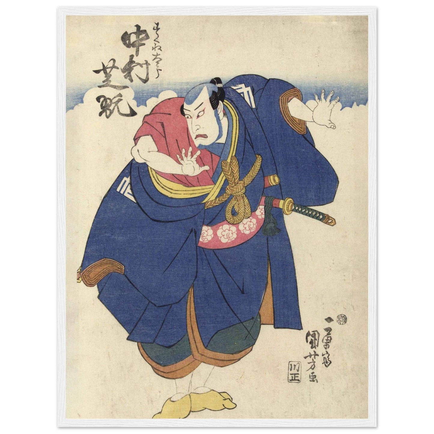 Japanese kabuki actor woodblock print in classic ukiyo-e style with vivid blue and red tones. Ideal for collectors of vintage Asian art, Japanese culture, and historical theater decor.