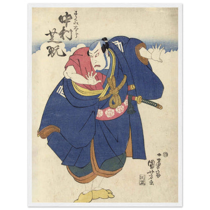 Japanese kabuki actor woodblock print in classic ukiyo-e style with vivid blue and red tones. Ideal for collectors of vintage Asian art, Japanese culture, and historical theater decor.
