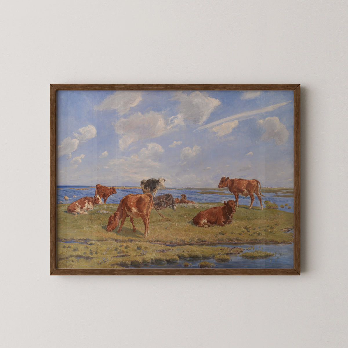 Kalve ved stranden by Theodor Philipsen, art print in a dark wood frame