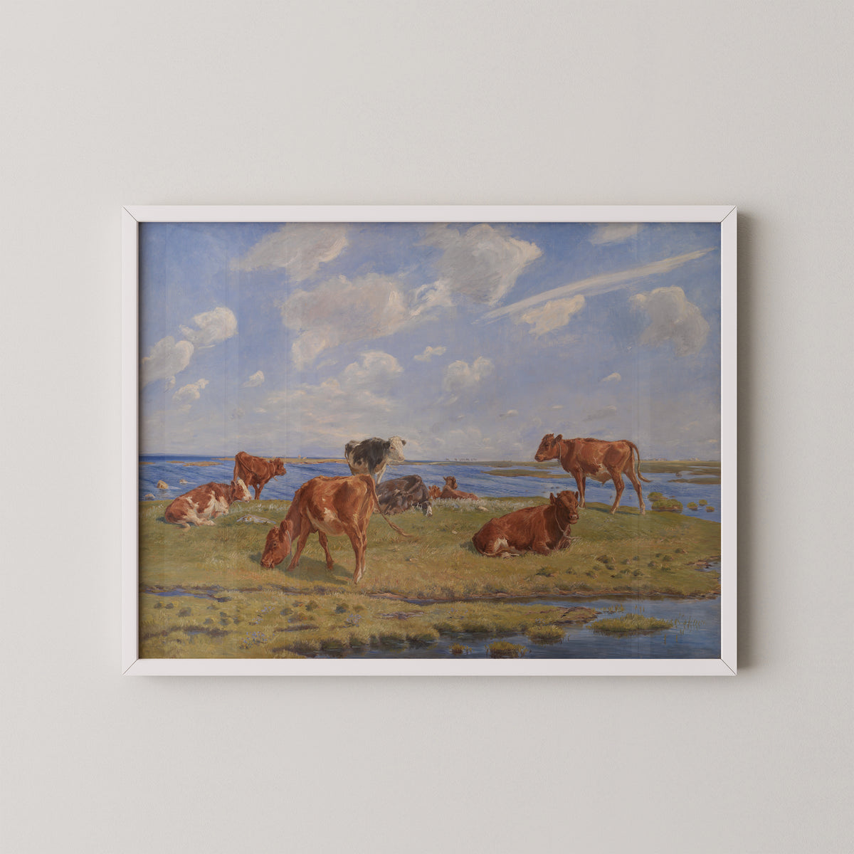 Kalve ved stranden by Theodor Philipsen, art print in a white frame