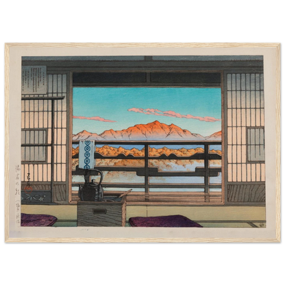 Wall art print of Kawase Hasui’s Morning at the Arayu Baths, depicting peaceful everyday life with elegant color and light.