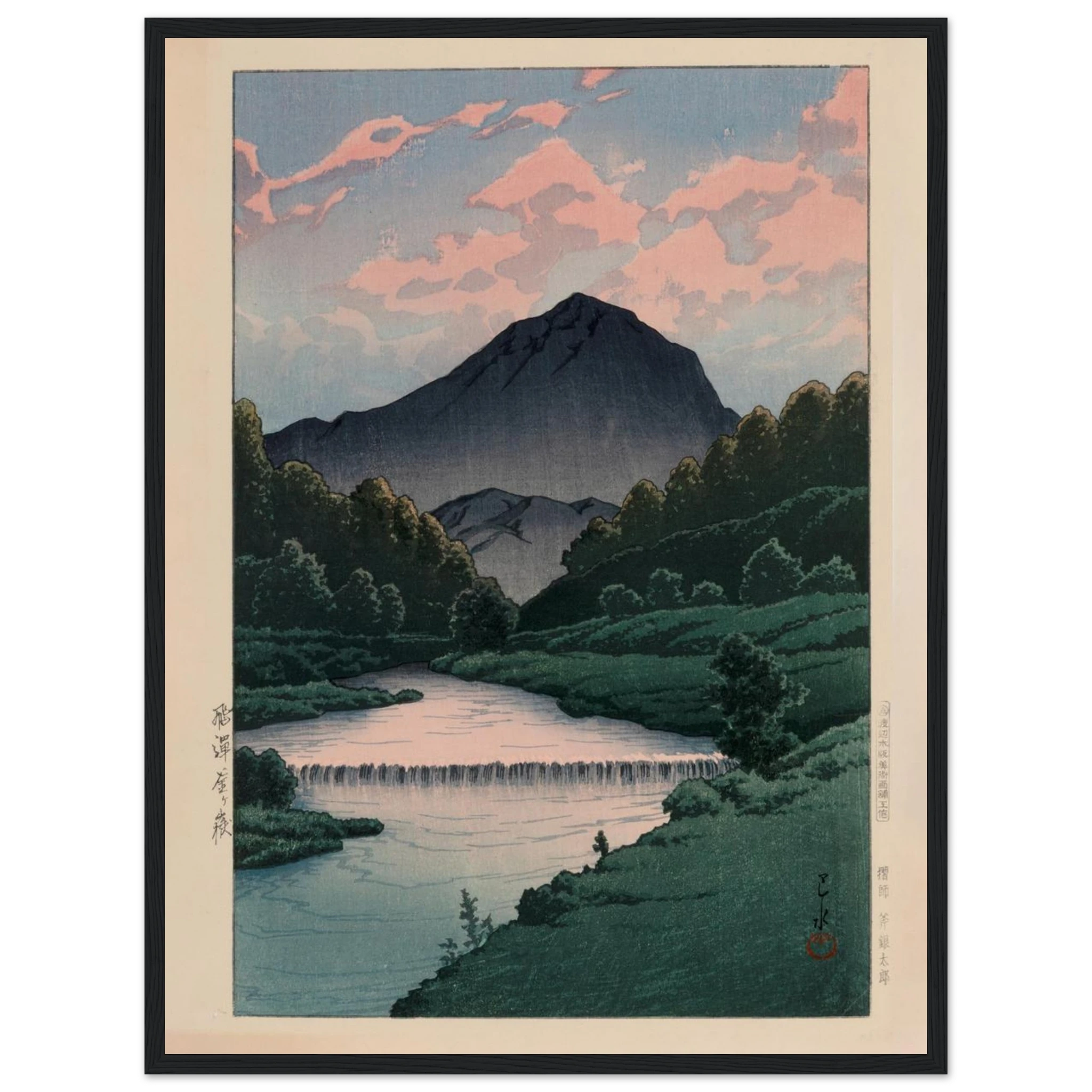 Wall art print of Kawase Hasui’s Mount Kamagadake, showing soft light and mist over the Hida range in Hasui’s serene, painterly style.