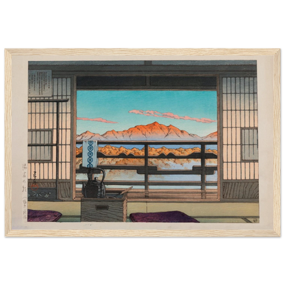 Japanese landscape print Morning at the Arayu Baths by Hasui, a serene Shin-Hanga scene of calm light and traditional architecture.