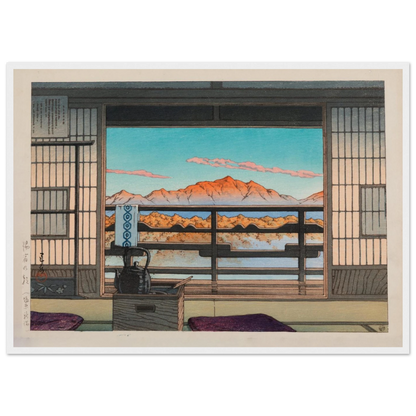 High-quality reproduction poster of Morning at the Arayu Baths by Kawase Hasui, a tranquil Shin-Hanga woodblock print capturing early morning Japan.