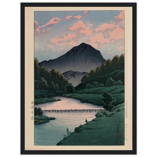 This faithful reproduction of Mount Kamagadake, Hida (Hida Kamagadake, c. 1940s) showcases the tranquil beauty of Kawase Hasui (1883–1957), one of the most celebrated artists of Japan’s Shin-Hanga movement. The artwork features Hasui’s signature and his distinctive red ink seal, capturing the serene atmosphere of Japan’s Hida Mountains in soft color and masterful composition. Originally published by Watanabe Shōzaburō, whose seal appears in the print, and printed by Ono Gintarō, this reproduction maintains 
