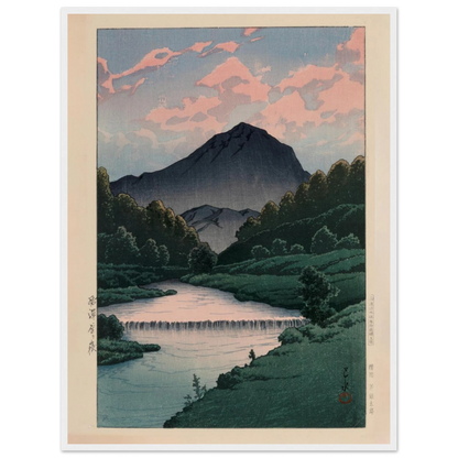 Woodblock print reproduction of Mount Kamagadake, Hida (c. 1940s) by Kawase Hasui, published by Watanabe Shōzaburō and printed by Ono Gintarō.