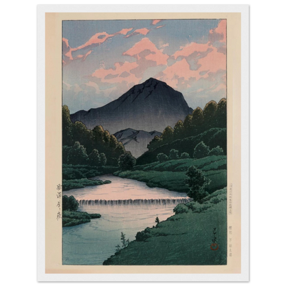 Faithful reproduction of Mount Kamagadake, Hida by Kawase Hasui, a tranquil Shin-Hanga woodblock print capturing the calm beauty of Japan’s Hida Mountains.