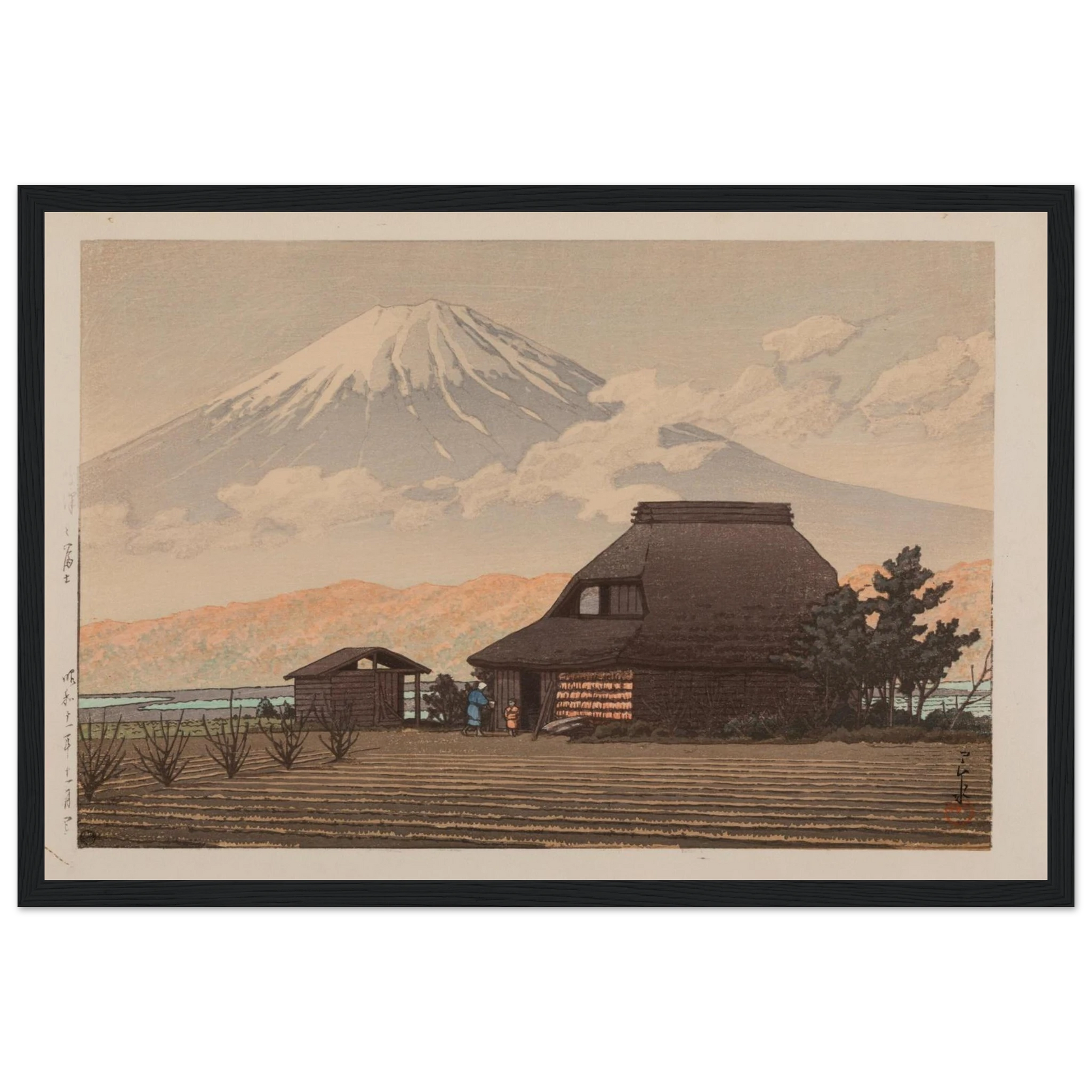 This fine reproduction of Mt. Fuji from Narusawa (Narusawa no Fuji, Showa 11 / 1936) showcases the breathtaking landscape vision of Kawase Hasui (1883–1957), a master of the Shin-Hanga movement. Signed by the artist and bearing his distinctive red ink seal, this peaceful scene of Mount Fuji rising behind the forests of Narusawa reflects Hasui’s talent for capturing Japan’s natural majesty with elegance and quiet emotion. Originally published by Watanabe Shōzaburō, whose seal is reproduced in this edition, t
