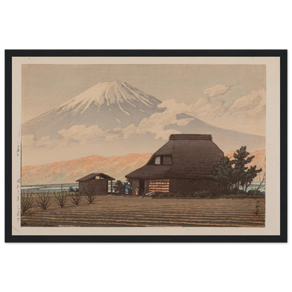 This fine reproduction of Mt. Fuji from Narusawa (Narusawa no Fuji, Showa 11 / 1936) showcases the breathtaking landscape vision of Kawase Hasui (1883–1957), a master of the Shin-Hanga movement. Signed by the artist and bearing his distinctive red ink seal, this peaceful scene of Mount Fuji rising behind the forests of Narusawa reflects Hasui’s talent for capturing Japan’s natural majesty with elegance and quiet emotion. Originally published by Watanabe Shōzaburō, whose seal is reproduced in this edition, t