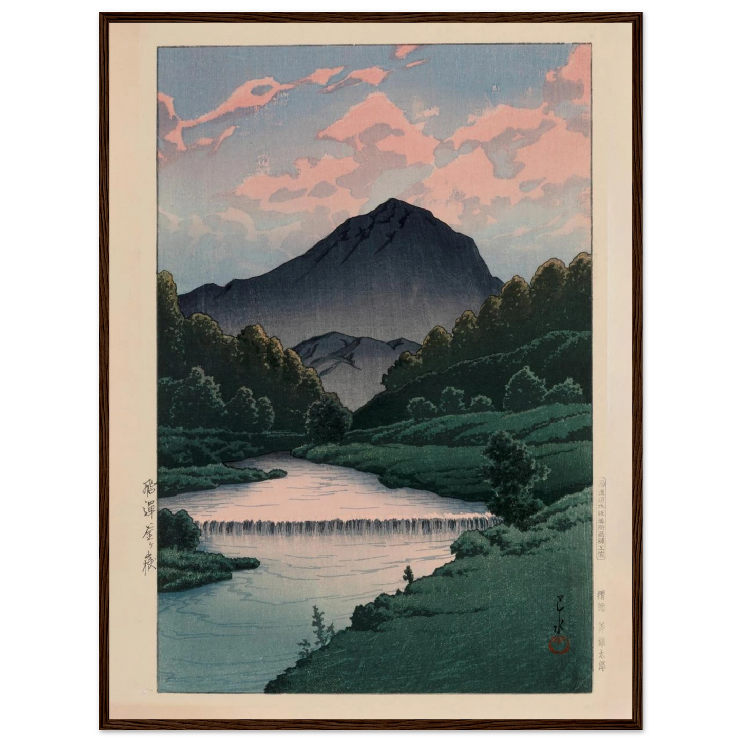 Shin-Hanga landscape print Mount Kamagadake by Hasui, reflecting peaceful mountain scenery with masterful composition and color harmony.