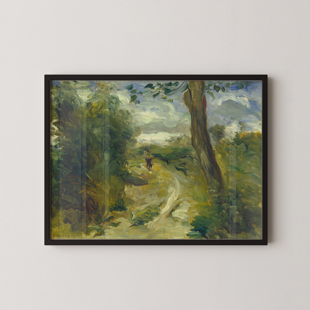 Landscape between Storms by Auguste Renoir, woodland path art print shown in a black frame