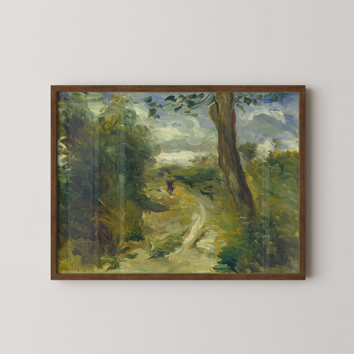 Dark wood-framed Landscape between Storms, with ochre ground and yellow-green patches of light