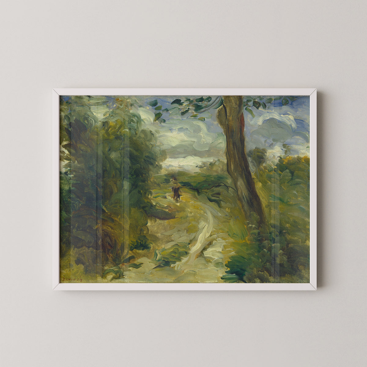 White-framed Renoir art print with loosely painted foliage beneath swirling pale clouds