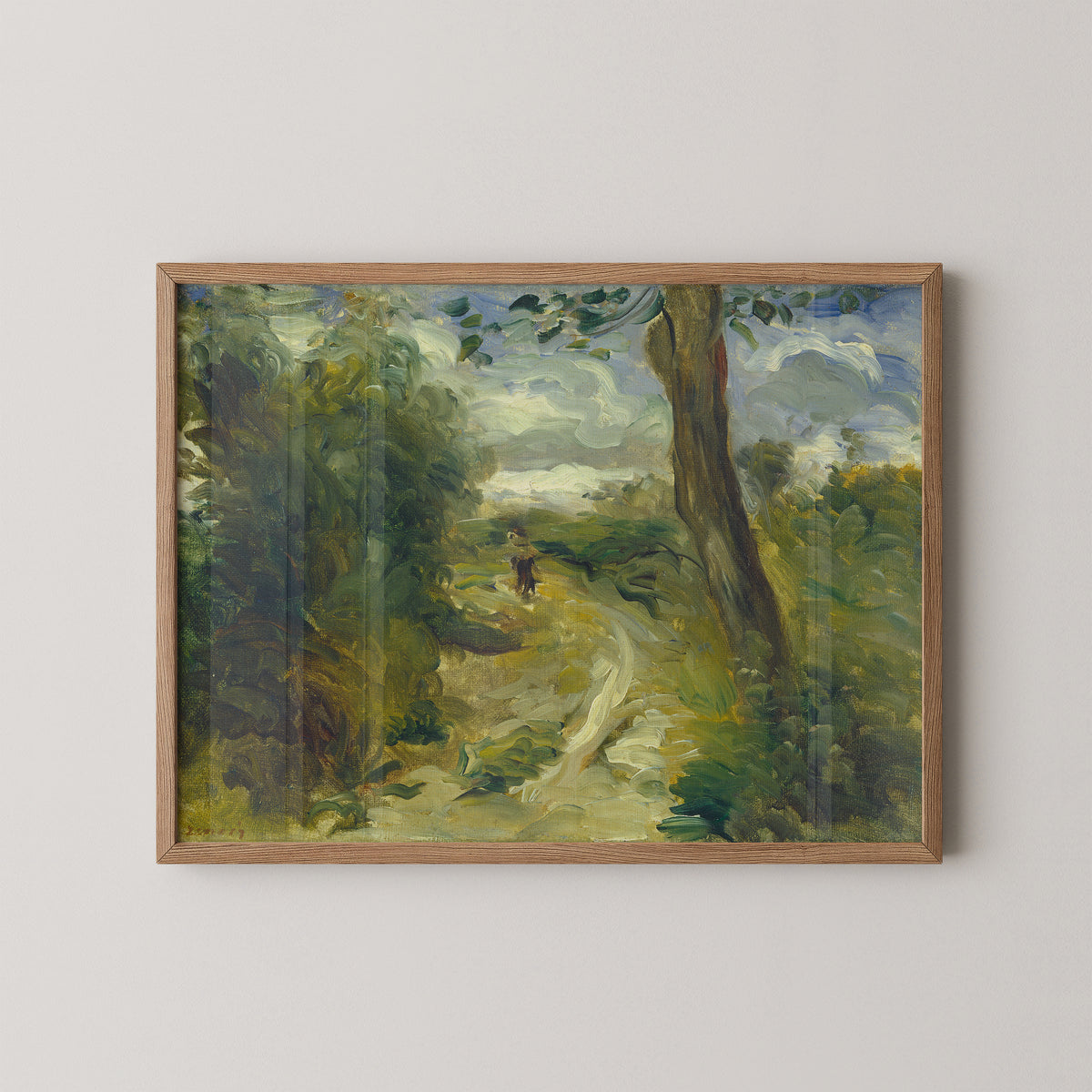 Natural wood-framed Renoir landscape with a winding path and a small figure among dense green trees