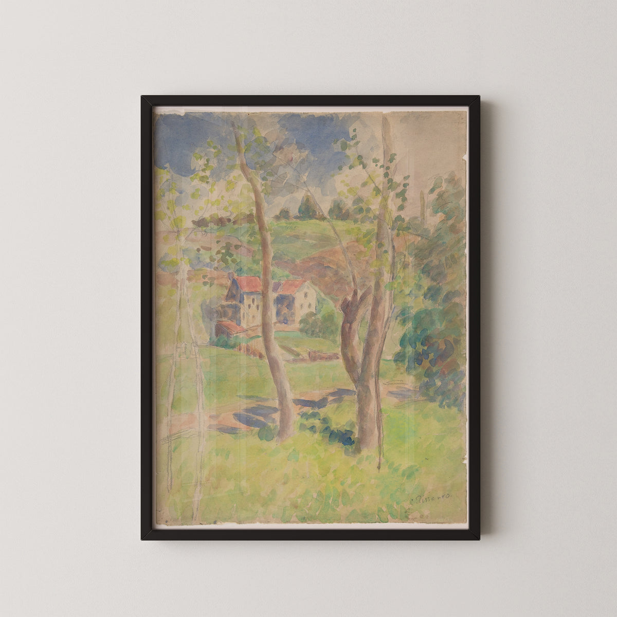 Landscape by Camille Pissarro in a black frame, a watercolor countryside scene with trees and houses