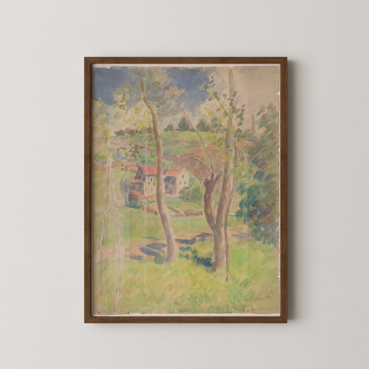 Dark wood-framed Camille Pissarro landscape with winding paths, leafy trees and soft blue sky