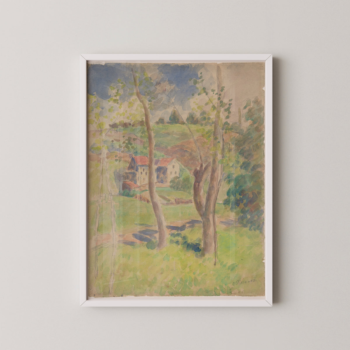 White-framed countryside print by Pissarro, with gentle watercolor washes of green, ochre and rose