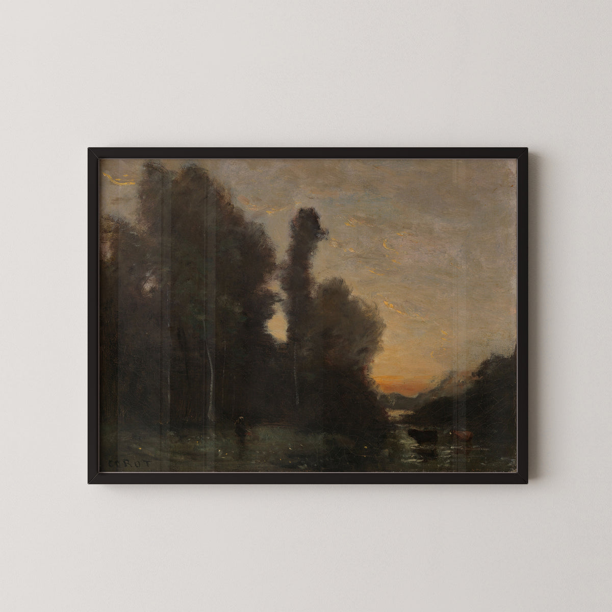 Landscape, Evening Mood by Jean-Baptiste-Camille Corot, art print in a black frame