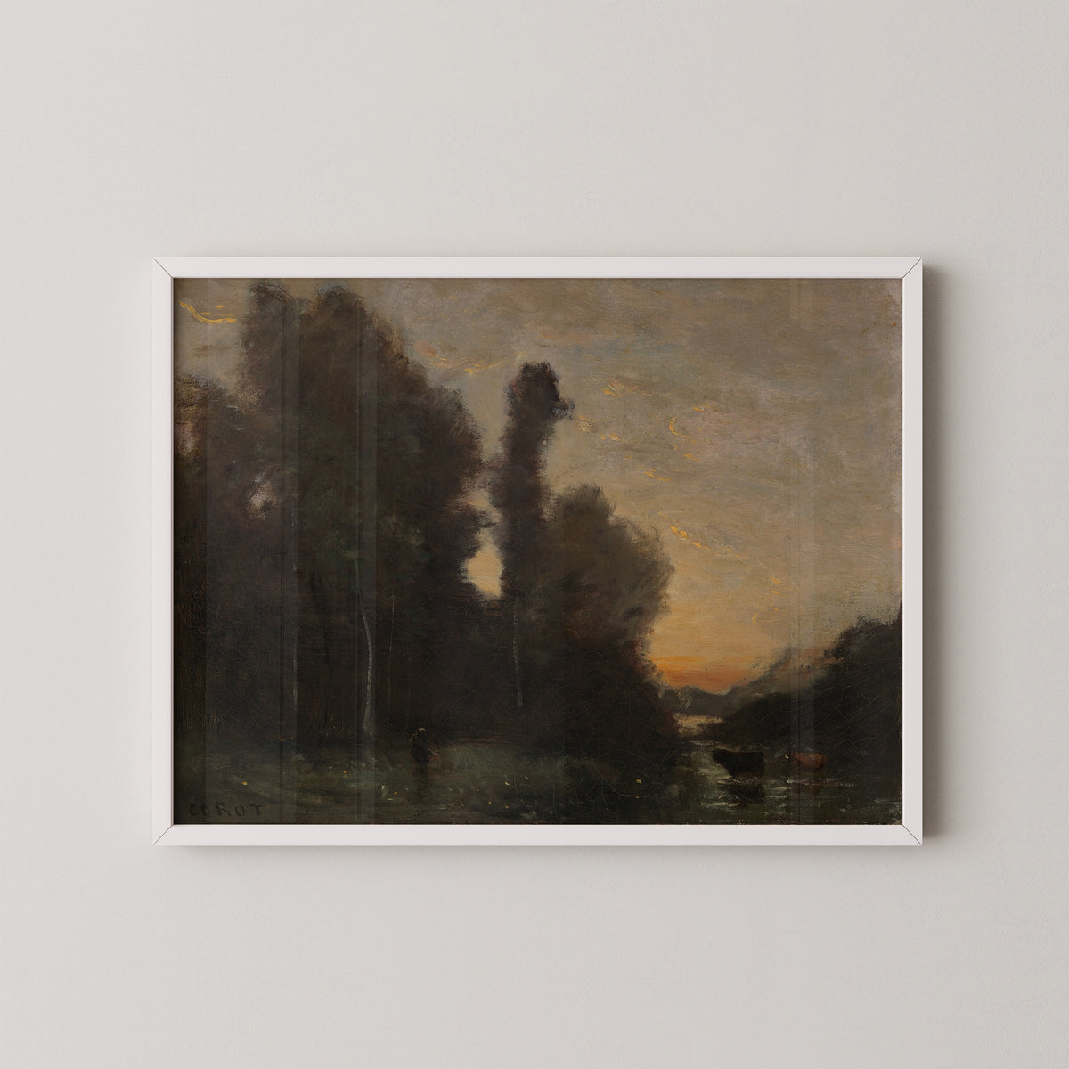 Landscape, Evening Mood by Jean-Baptiste-Camille Corot, art print in a white frame