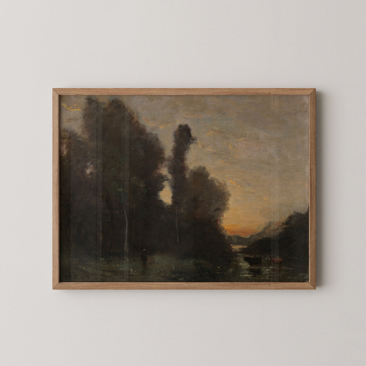 Landscape, Evening Mood by Jean-Baptiste-Camille Corot, art print in a natural wood frame