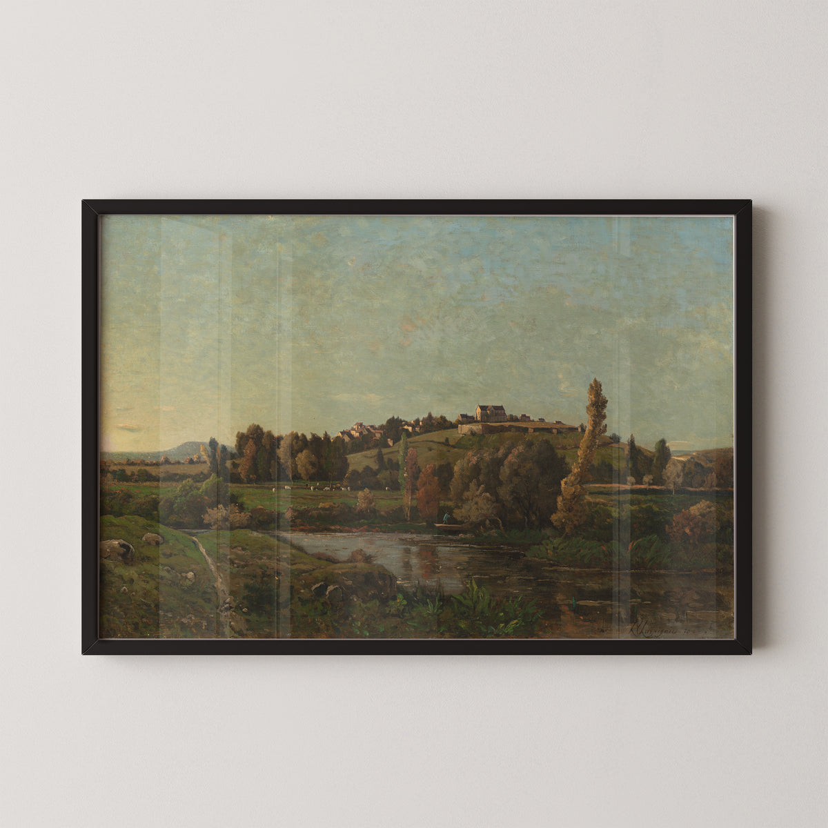 Landscape in Auvergne by Henri-Joseph Harpignies, with a tall poplar and hillside houses, shown in a black frame