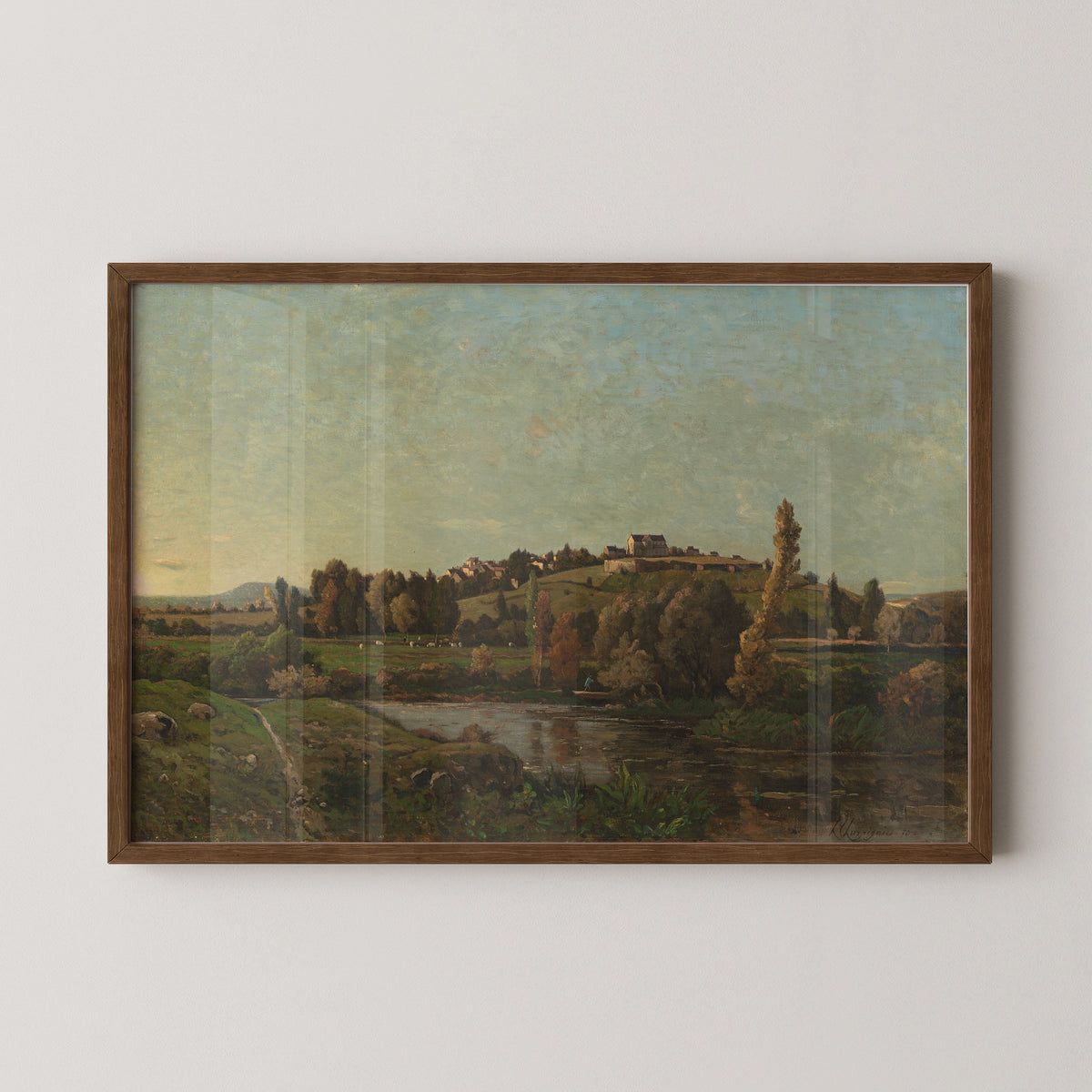 Harpignies's Landscape in Auvergne in a dark wood frame, with wooded slopes and warm earth tones