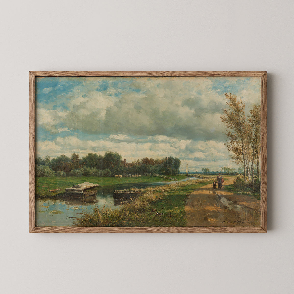 Landscape in the Environs of The Hague by Willem Roelofs (I), art print in a natural wood frame