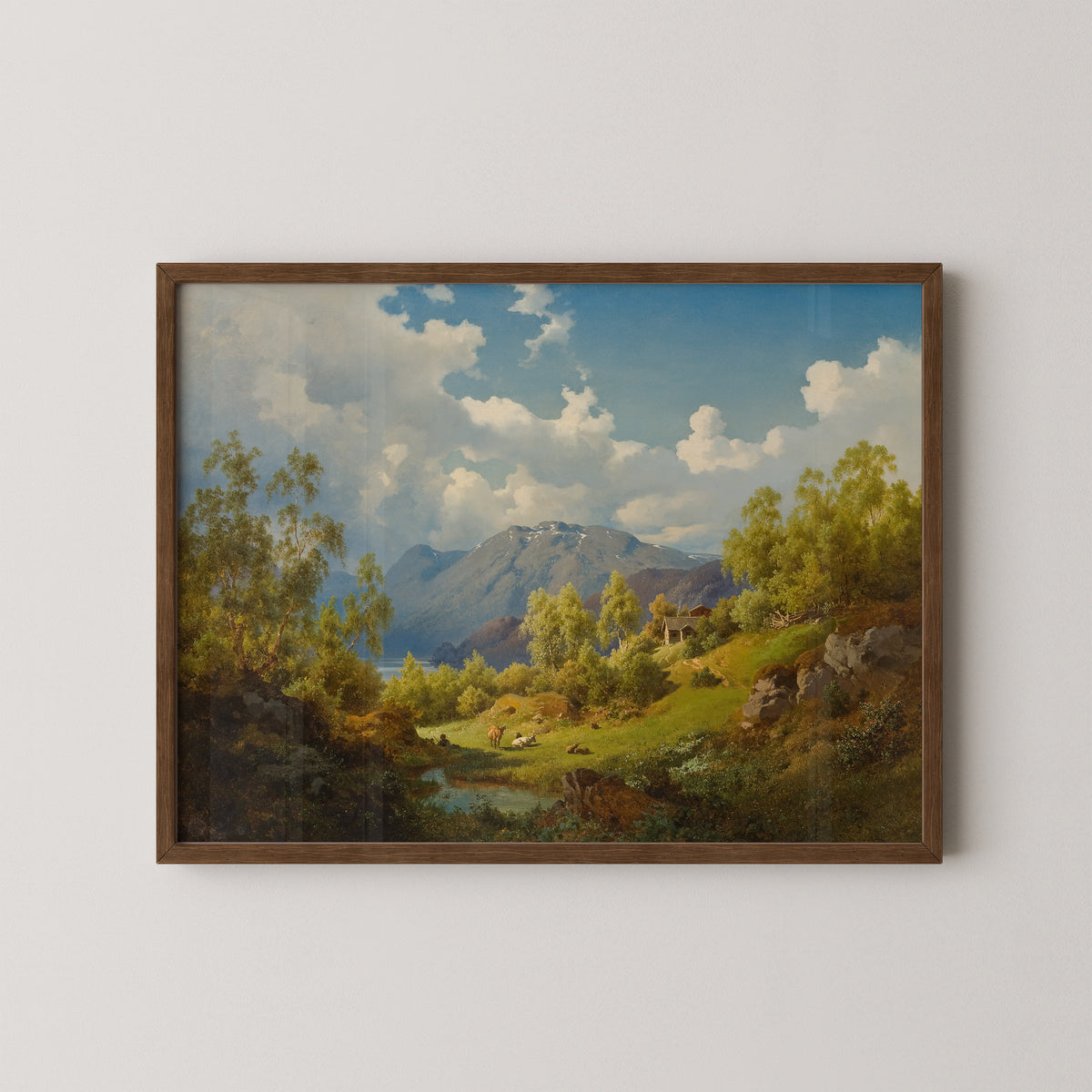 Landscape. Motif from the Numme Valley in Norway by Joachim Frich, art print in a dark wood frame