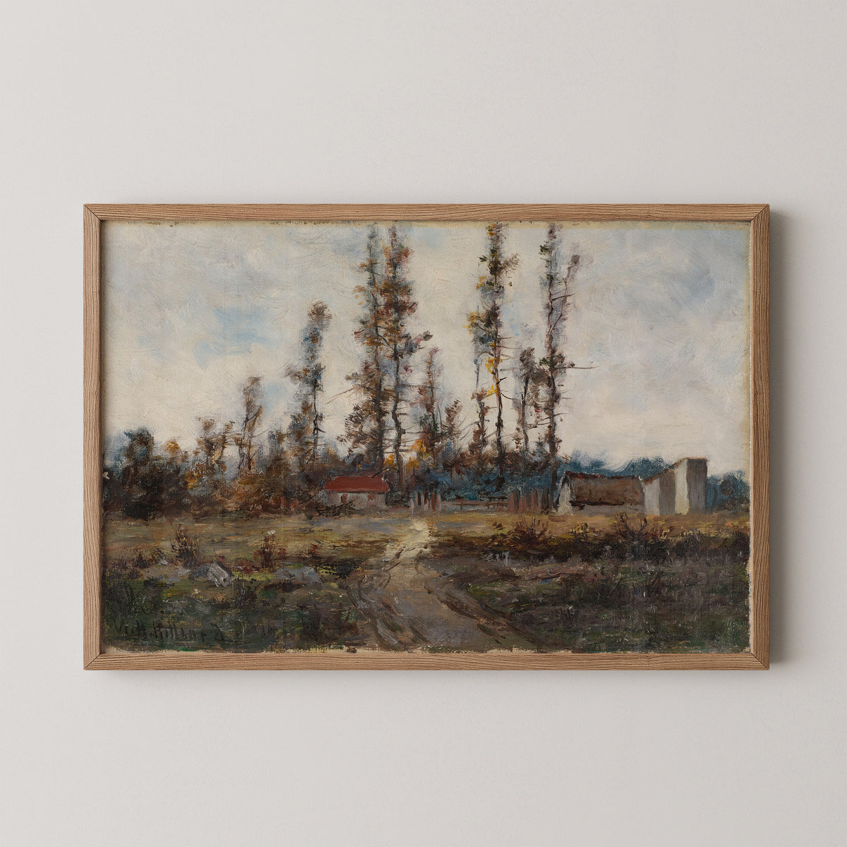 Landscape near Barbizon, France by William Henry Hilliard, art print in a natural wood frame
