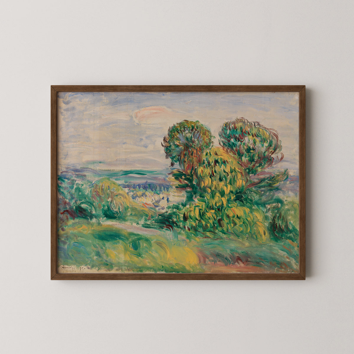 Landscape by Pierre-Auguste Renoir, art print in a dark wood frame