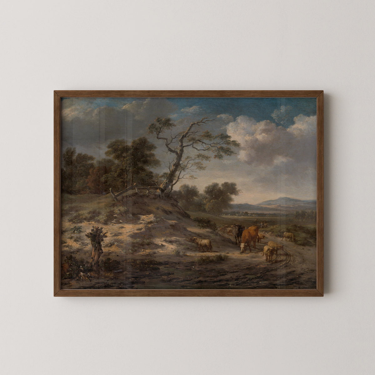 Landscape with Cattle on a Country Road by Jan Wijnants, art print in a dark wood frame