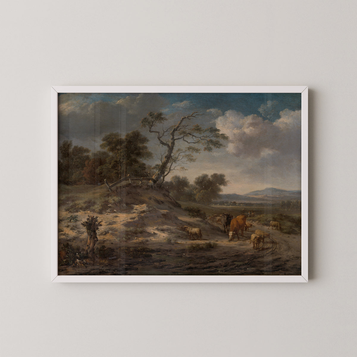 Landscape with Cattle on a Country Road by Jan Wijnants, art print in a white frame