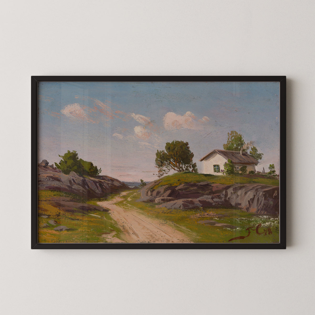 Landscape with Cottage by Fanny Churberg, art print in a black frame