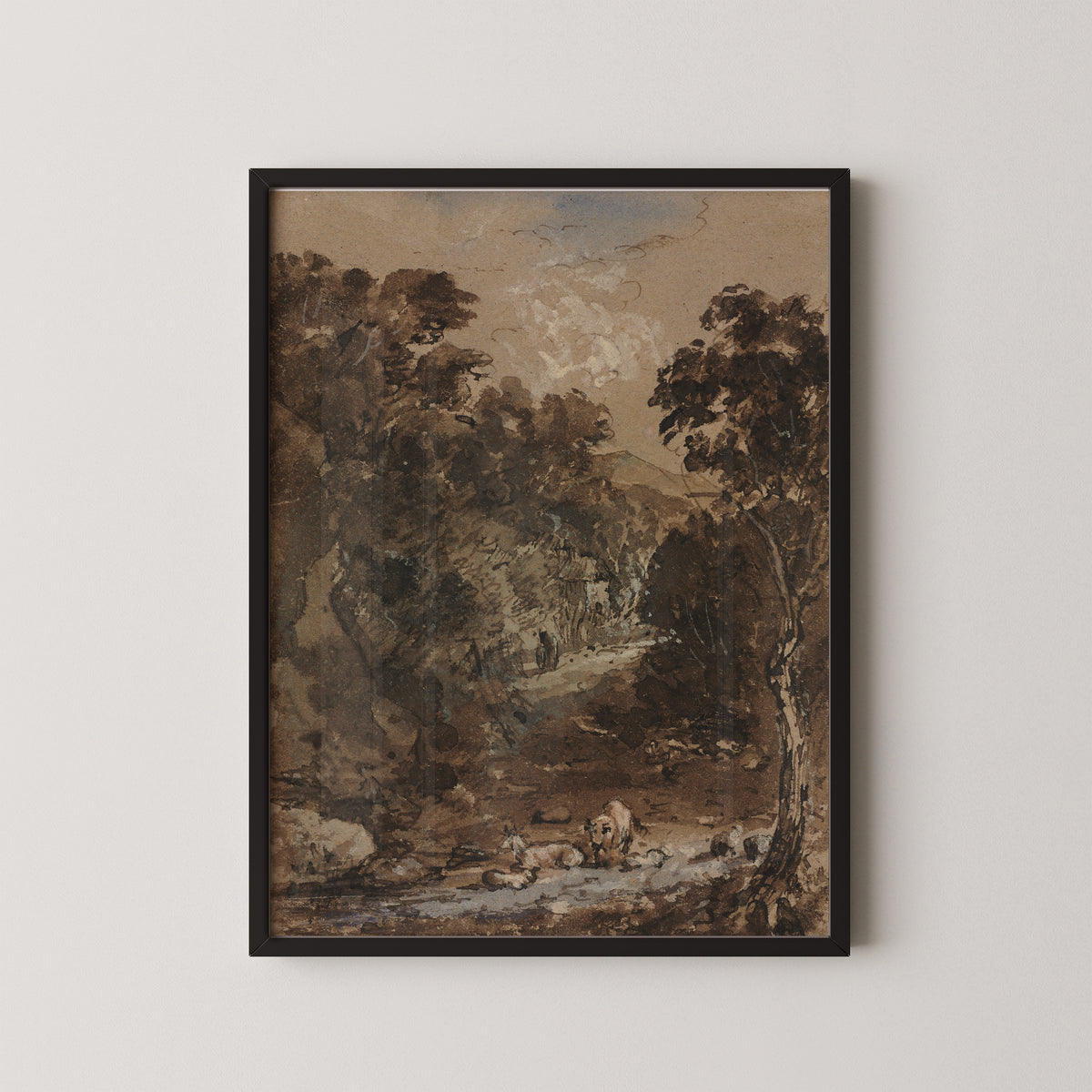 Landscape with Farm Animals by Benjamin Barker, art print in a black frame