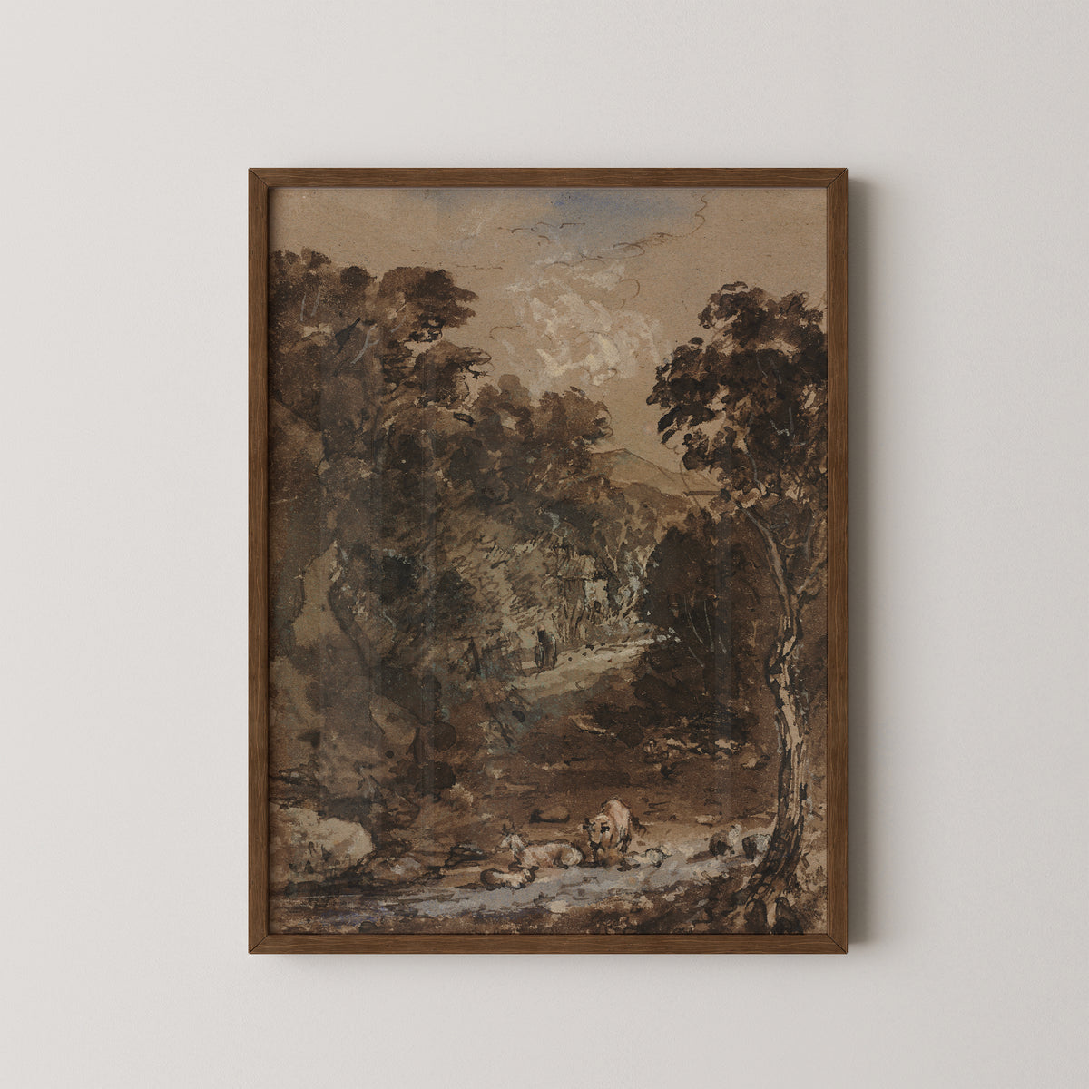 Landscape with Farm Animals by Benjamin Barker, art print in a dark wood frame
